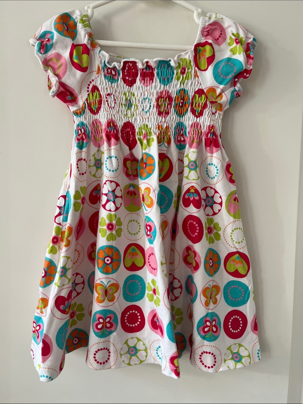 J. Khaki White Dress with Bright Pink Teal Orange & Green Circles